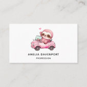 Glimlachende roze luiaard die een cabriolet rijden visitekaartje (Voorkant)