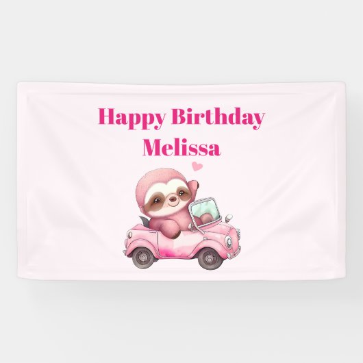 Glimlachende roze luiaard in een cabriolet Gelukki Spandoek (Horizontaal)