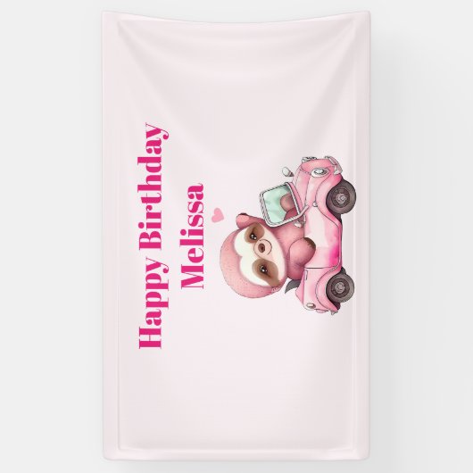 Glimlachende roze luiaard in een cabriolet Gelukki Spandoek (Verticaal)