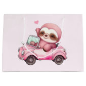 Glimlachende roze luiaard in een cabriolet groot cadeauzakje (Voorkant)
