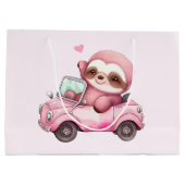 Glimlachende roze luiaard in een cabriolet groot cadeauzakje (Achterkant)