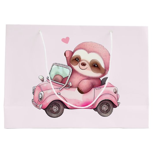 Glimlachende roze luiaard in een cabriolet groot cadeauzakje (Achterkant)