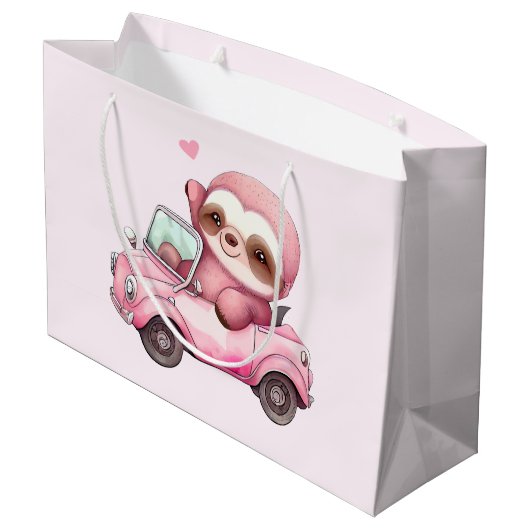 Glimlachende roze luiaard in een cabriolet groot cadeauzakje (Achterkant Gekanteld)