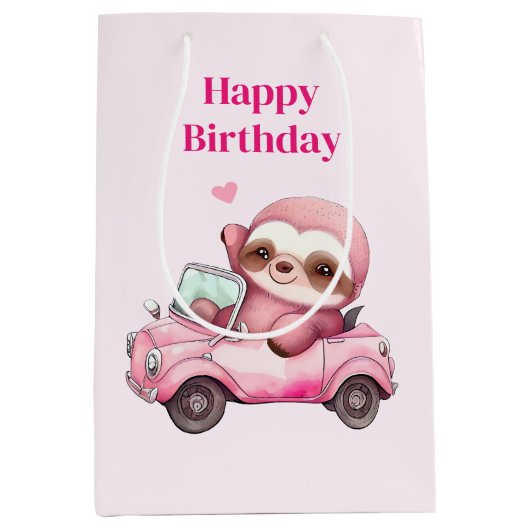 Glimlachende roze luiaard rijden een cabriolet ver medium cadeauzakje (Voorkant)