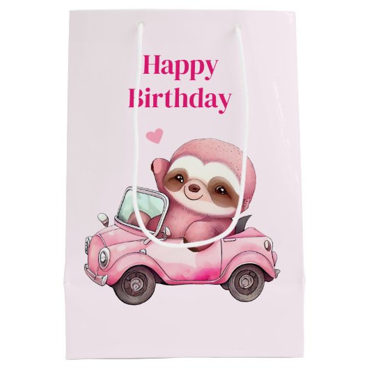 Glimlachende roze luiaard rijden een cabriolet ver medium cadeauzakje (Achterkant)