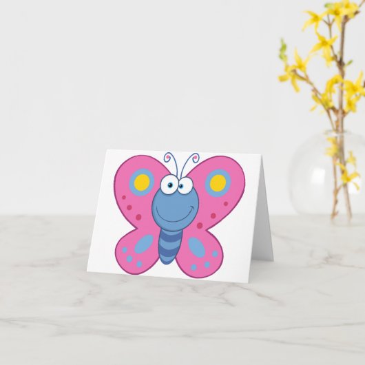 Glimlachende roze vlinderbriefkaarten kaart (Gele Bloem)