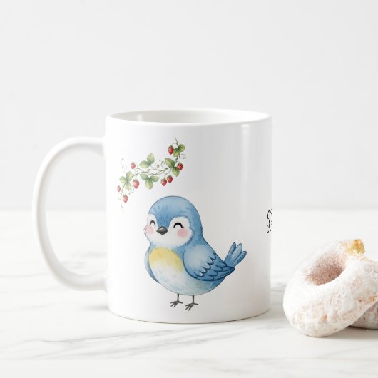 Glimlachende Schattigee Little Blue Bird met aardb Koffiemok (Met donut)