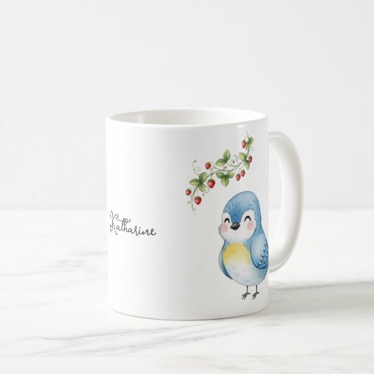 Glimlachende Schattigee Little Blue Bird met aardb Koffiemok (Voorkant rechts)
