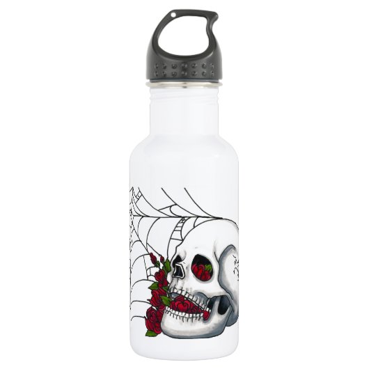 glimlachende schedel met rode rozen en spiderweb waterfles  (Voorkant)
