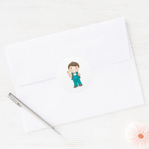 Glimlachende schooljongen met rugzak ronde sticker