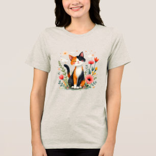 Glimlachende Schotse Kat in Bloeiende Tuin Tri-Blend Shirt