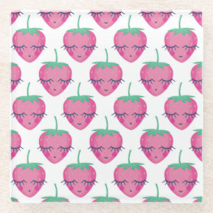 Glimlachende slapende aardbeien, schattig patroon. glazen onderzetter
