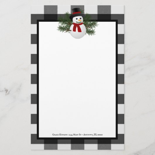 Glimlachende sneeuwman Buffalo Plaid gepersonalise Briefpapier (Voorkant)