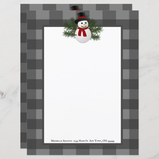 Glimlachende sneeuwman Buffalo Plaid Papier Statio (Voorkant / Achterkant)