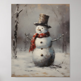 Glimlachende sneeuwman die Pet & rode sjaal in bos Poster