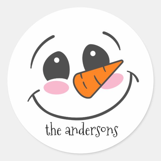 Glimlachende sneeuwman gezicht gepersonaliseerde f ronde sticker (Voorkant)