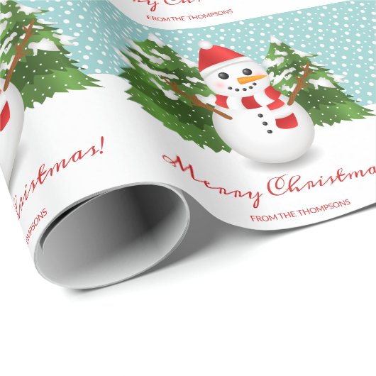 Glimlachende sneeuwman in het winterbos Vrolijk Ke Cadeaupapier (Rol Hoek)