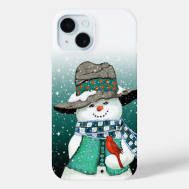 Glimlachende sneeuwman, kardinaal in een sneeuwsto iPhone 15 case