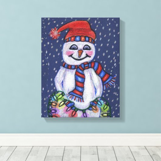 Glimlachende sneeuwman met kerstverlichting Sneeuw Canvas Afdruk (Insitu (Houten vloer))
