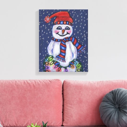 Glimlachende sneeuwman met kerstverlichting Sneeuw Canvas Afdruk (Insitu (Woonkamer))