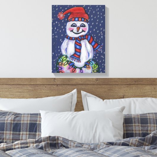 Glimlachende sneeuwman met kerstverlichting Sneeuw Canvas Afdruk (Insitu (Slaapkamer))