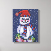 Glimlachende sneeuwman met kerstverlichting Sneeuw Canvas Afdruk (Voorkant)