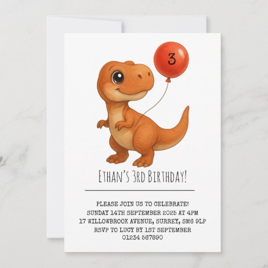 Glimlachende T-Rex met Rode Ballon Verjaardag Kaart (Voorkant)