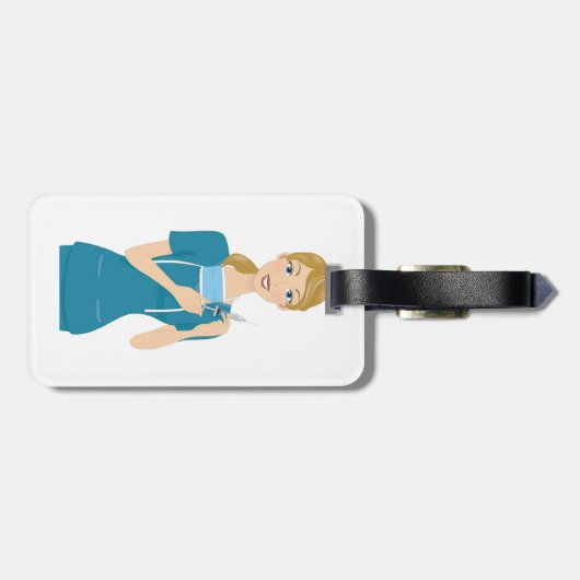 Glimlachende verpleegster met spuit bagagelabel (Achterkant horizontaal)