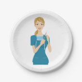 Glimlachende verpleegster met spuit papieren bordje (Voorkant)