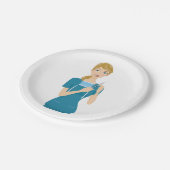 Glimlachende verpleegster met spuit papieren bordje (Gekanteld)