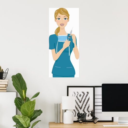 Glimlachende verpleegster met spuit poster (Thuiskantoor)