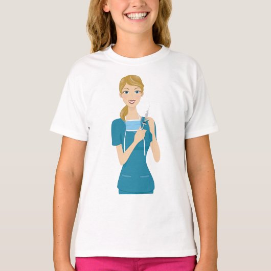 Glimlachende verpleegster met spuit t-shirt (Voorkant)