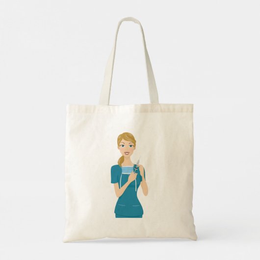 Glimlachende verpleegster met spuit tote bag (Achterkant)