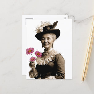 Glimlachende vintage oma met roze bloemen briefkaart