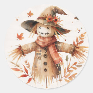 Glimlachende vogelverschrikker herfst aquarel ronde sticker