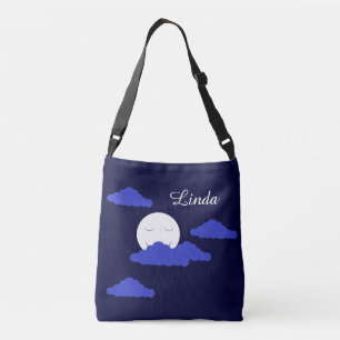Glimlachende Volle Maan met Wolken: Donkerblauw Crossbody Tas
