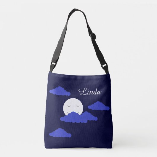 Glimlachende Volle Maan met Wolken: Donkerblauw Crossbody Tas (Achterkant)