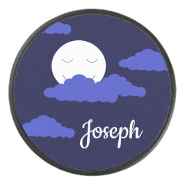 Glimlachende Volle Maan met Wolken: Donkerblauw Hockey Puck