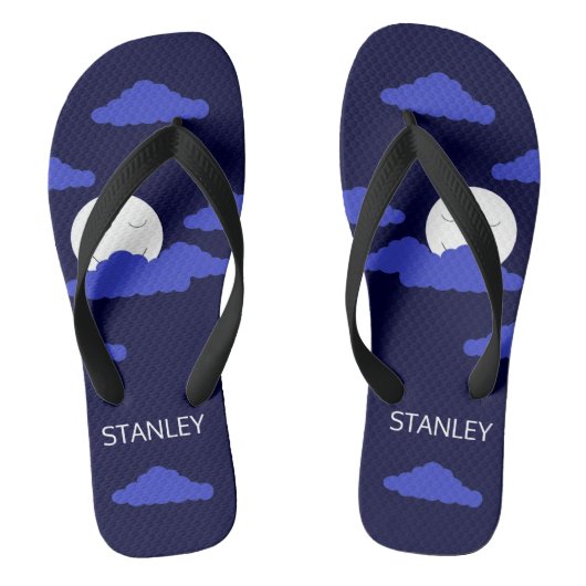 Glimlachende Volle Maan met Wolken: Donkerblauw Teenslippers (Voetbed)