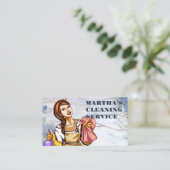 Glimlachende vrouw met schoonmaakmiddelen visitekaartje (Staand voorkant)