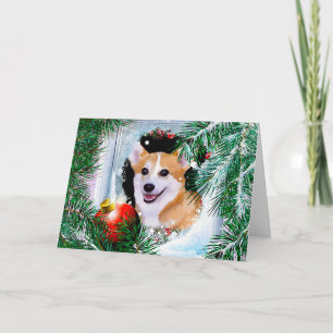 Glimlachende Welsh Corgi in het Wintervenster Feestdagen Kaart