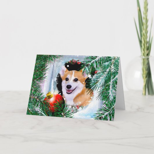 Glimlachende Welsh Corgi in het Wintervenster Feestdagen Kaart (Voorkant)