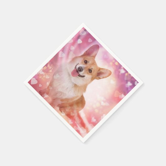 Glimlachende Welsh Corgi met Harten Servetten (Hoek)