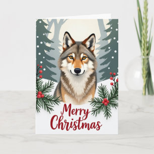 Glimlachende Wolf Vrolijk Kerstkaart Winterwouden Kaart