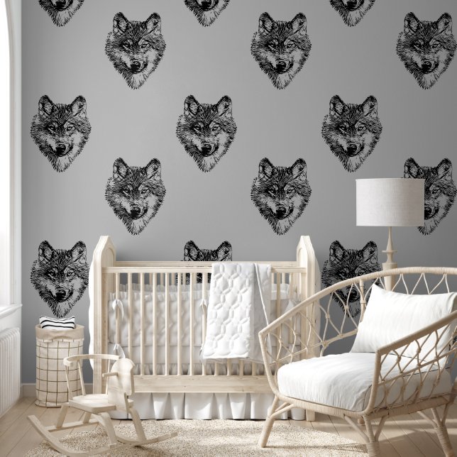 Glimlachende wolfskop - lijnen silhouet 1a behang (Kinderen)