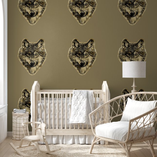 Glimlachende wolfskop - lijnen silhouet 3 behang (Kinderen)