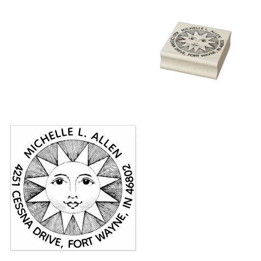  glimlachende zon aangepaste ronde retour adres rubberstempel (Gestempeld)