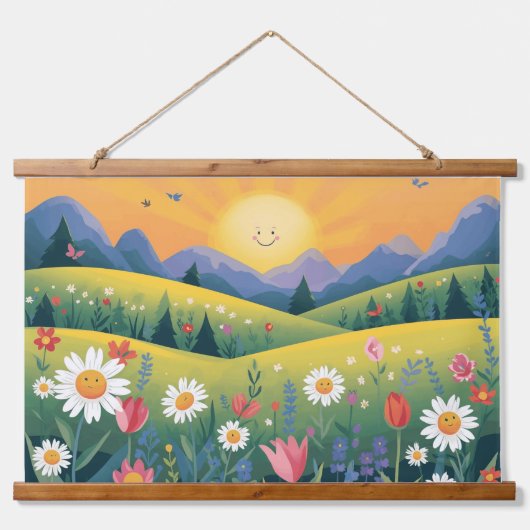 Glimlachende zon & Happy Flowers Tapestry – Helder Hangend Wandkleed (Voorkant)