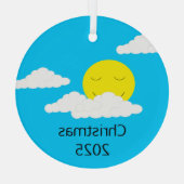 Glimlachende zon met popcornwolken: turquoise glas ornament (Achterkant)