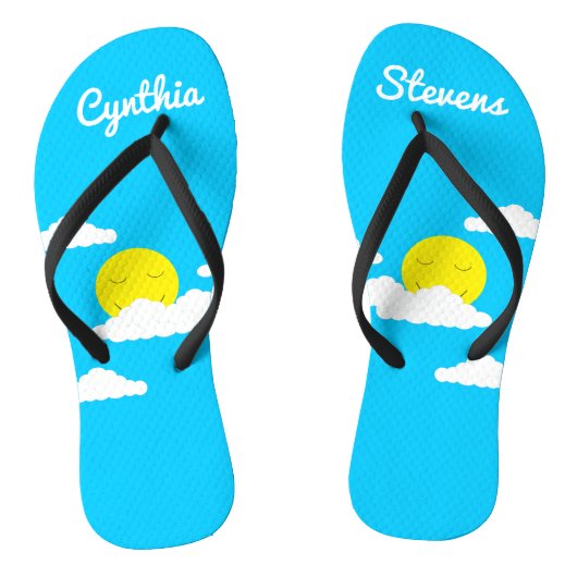 Glimlachende zon met wolken: Turquoise Teenslippers (Voetbed)